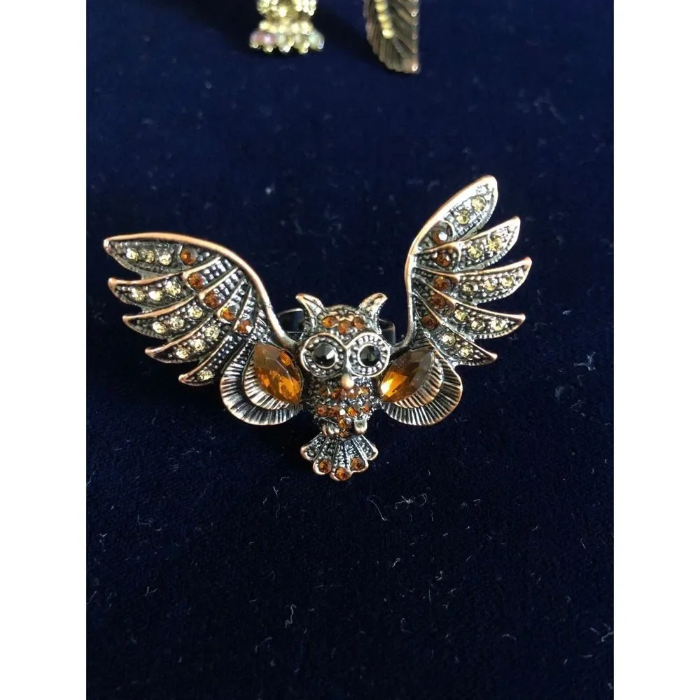 Owl & feather rings bundle gold tone